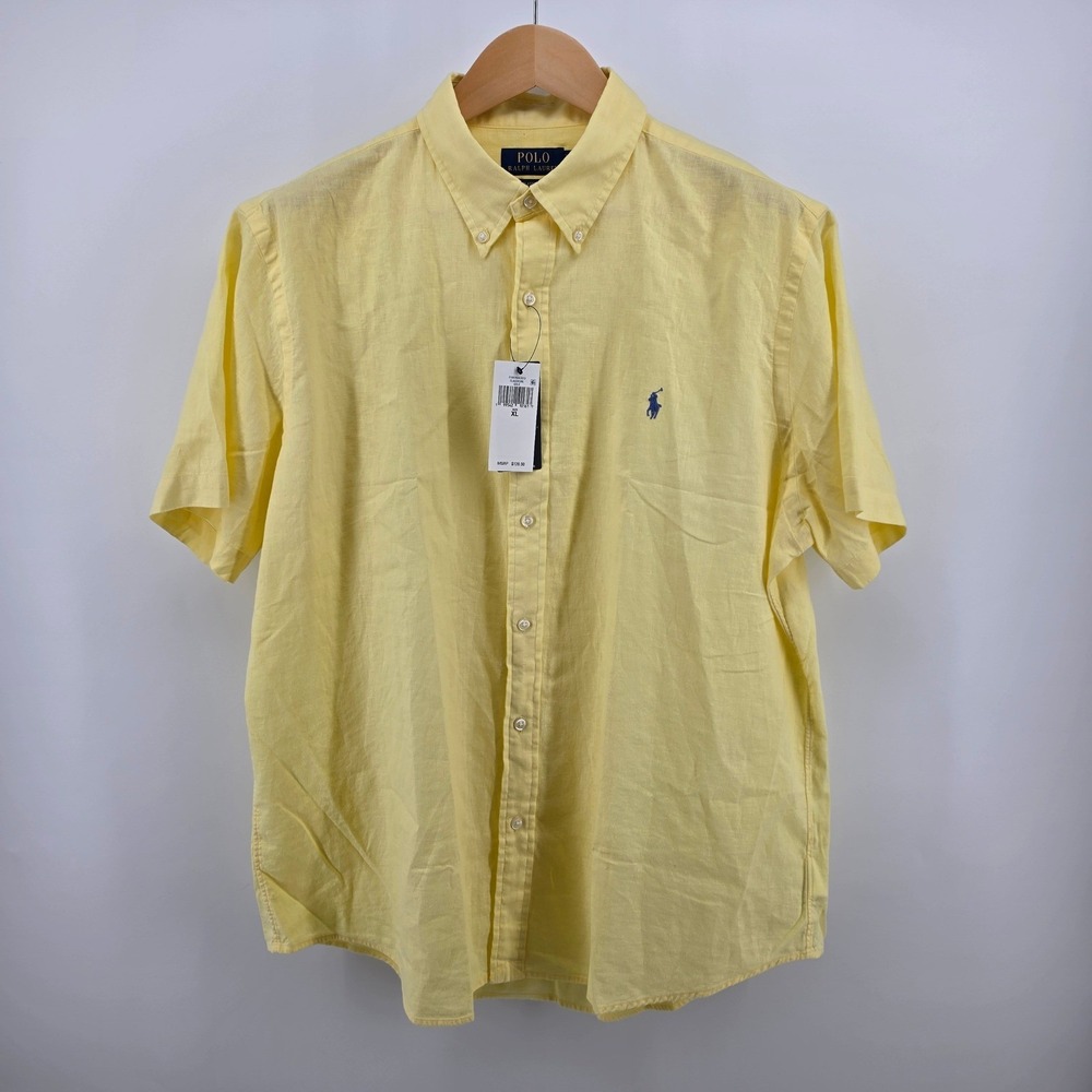 Polo Ralph Lauren Mens XL Yellow Linen Cotton Short Sleeve Button Down Shirt NWT